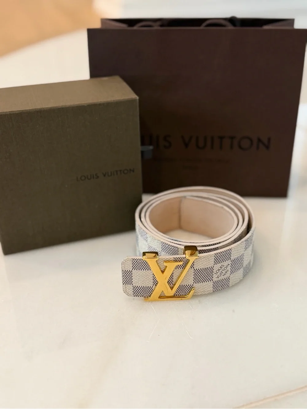 Louis Vuitton Damier Azur Canvas Belt with Gold LV Buckle - White/Gold